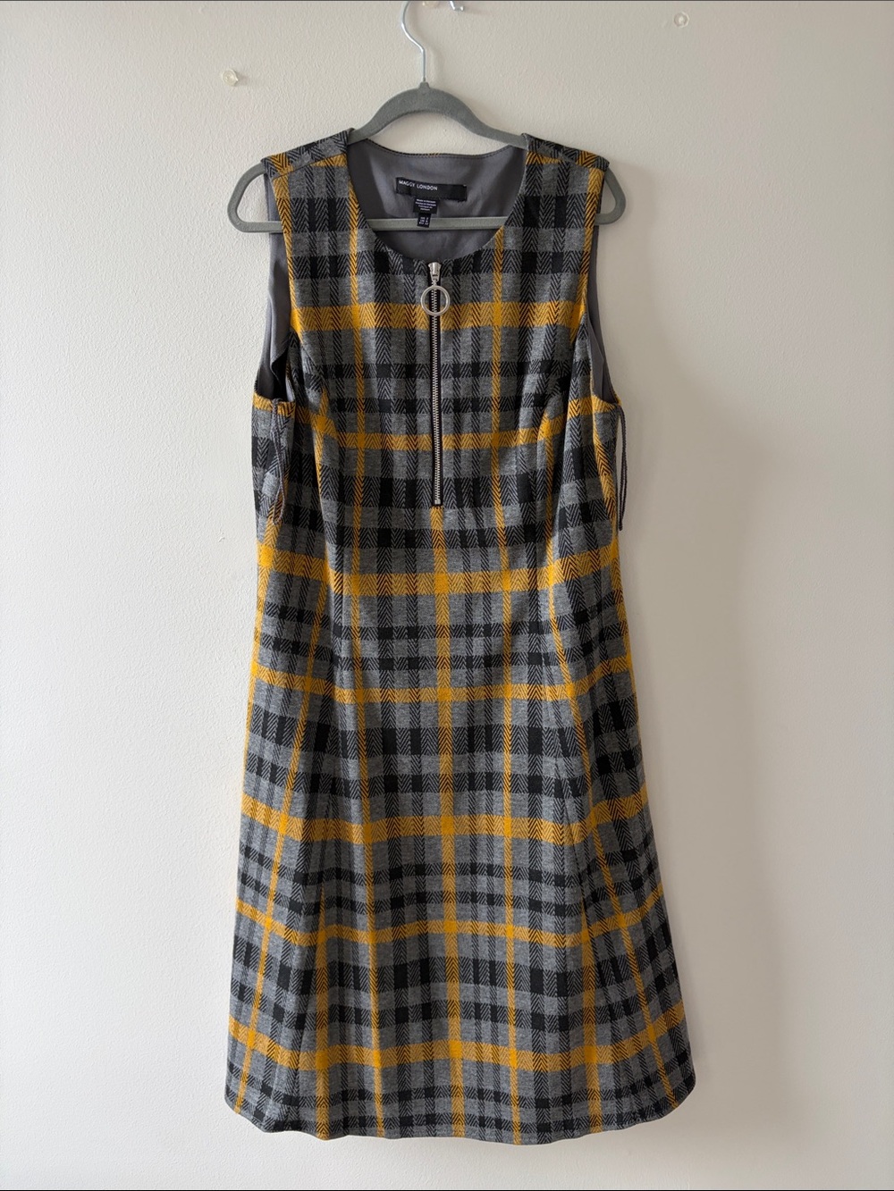 Maggy London Gray and Mustard Plaid Midi Dress with Front Zip